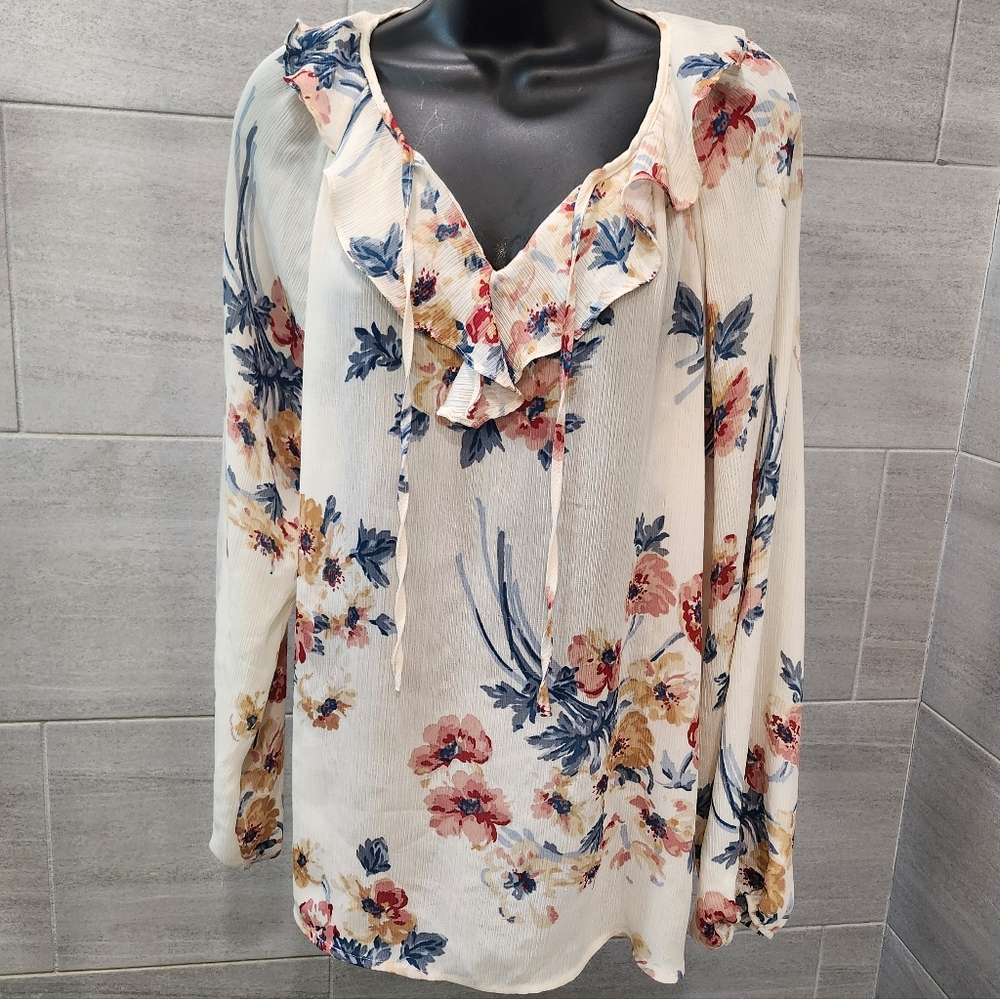 Chaps Cream and Blue Floral Blouse
